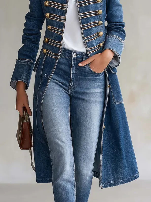 Close-up of the blue denim coat's braided chest trim, buttoned cuffs, flap pockets and long skirt, worn with jeans. 6