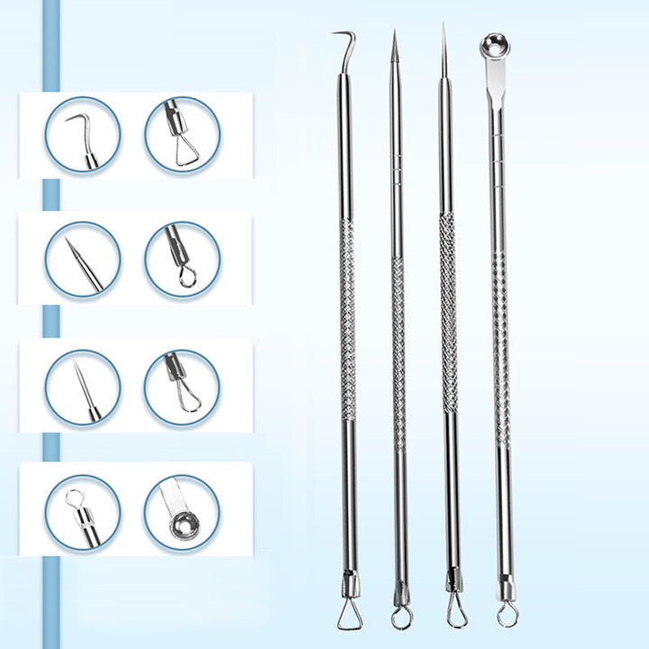 Four double-ended steel picks with hook, needle, spoon and loop tips, each end enlarged in a circle beside the tools. 8