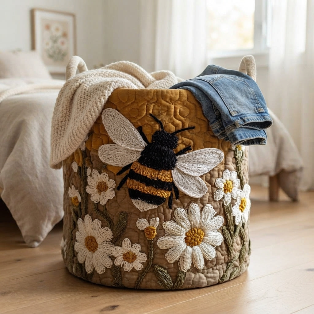 Another view of the quilted laundry basket in a bedroom with a knit throw and jeans draped over the rim.