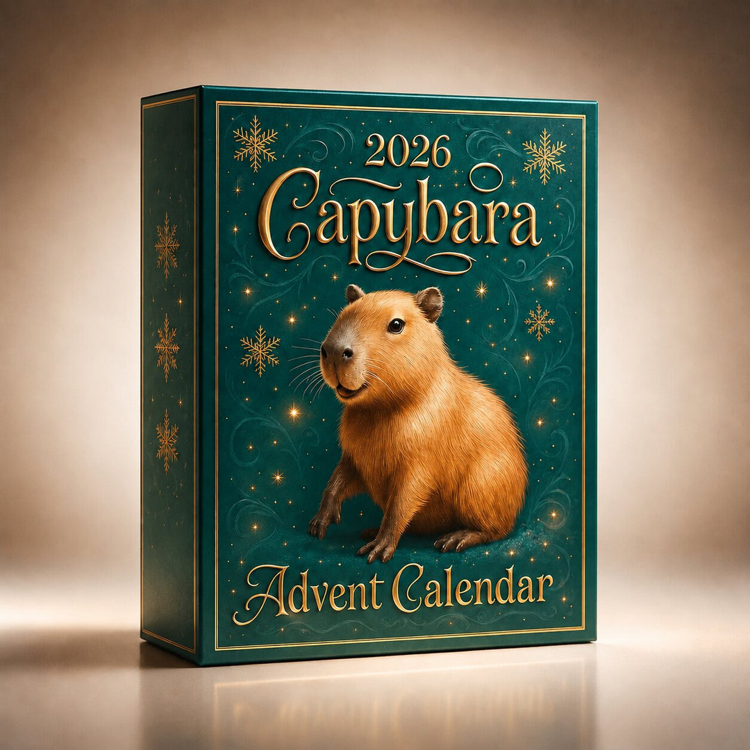 Front and side view of the teal gift box with gold snowflakes and a seated capybara illustration, on a soft beige backdrop. 7