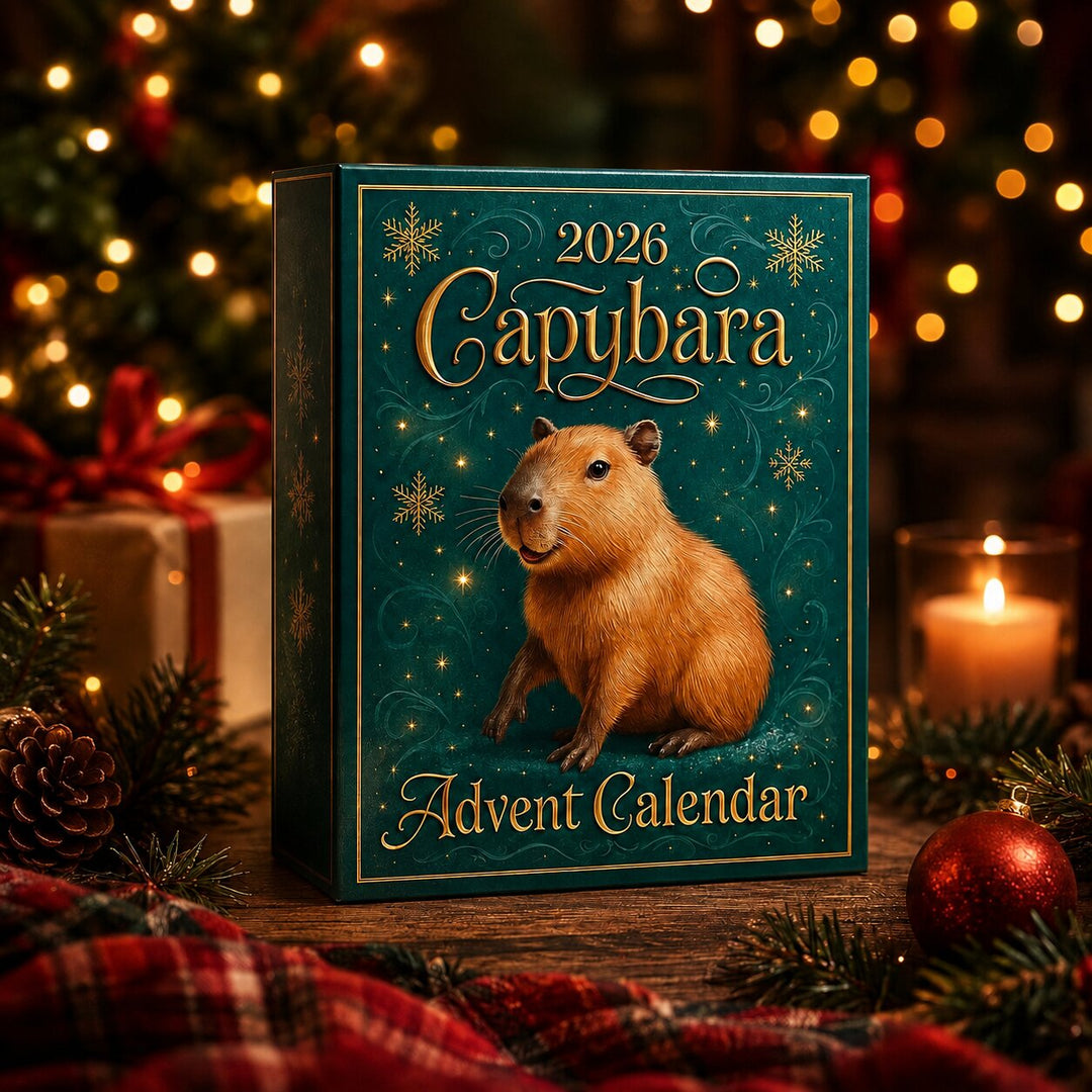 Teal gift box with gold snowflakes and a capybara illustration, standing among pine branches, a candle, a red ornament and a plaid blanket. 4