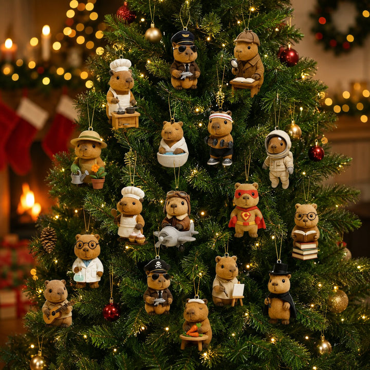 Costumed capybara figures hanging as ornaments on a lit Christmas tree, including a chef, pilot, astronaut, superhero and scientist. 3