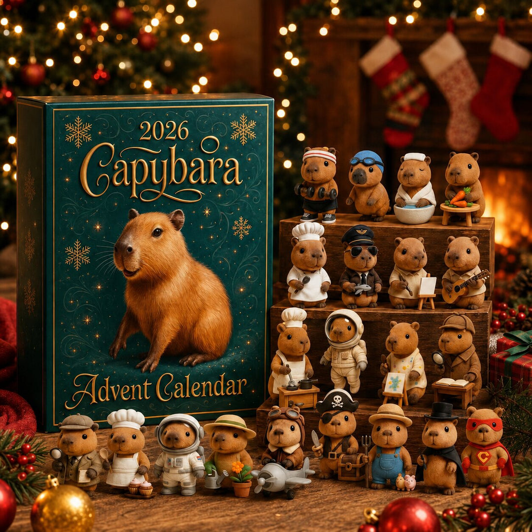 Gift box with the full set of costumed capybara figures displayed on wooden steps before a fireplace, stockings and Christmas tree. 6