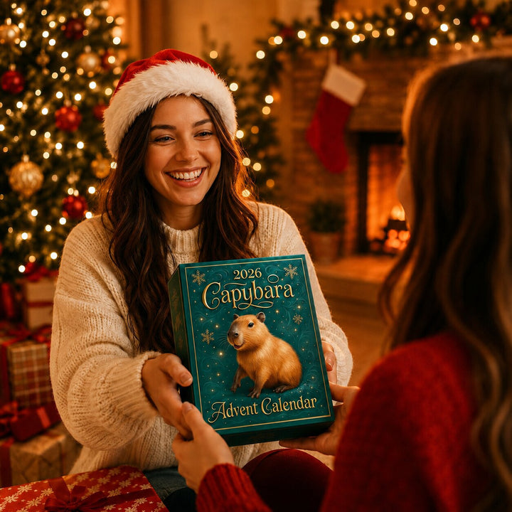 Smiling woman in a Santa hat hands the teal gift box to another person beside a lit Christmas tree and fireplace. 2