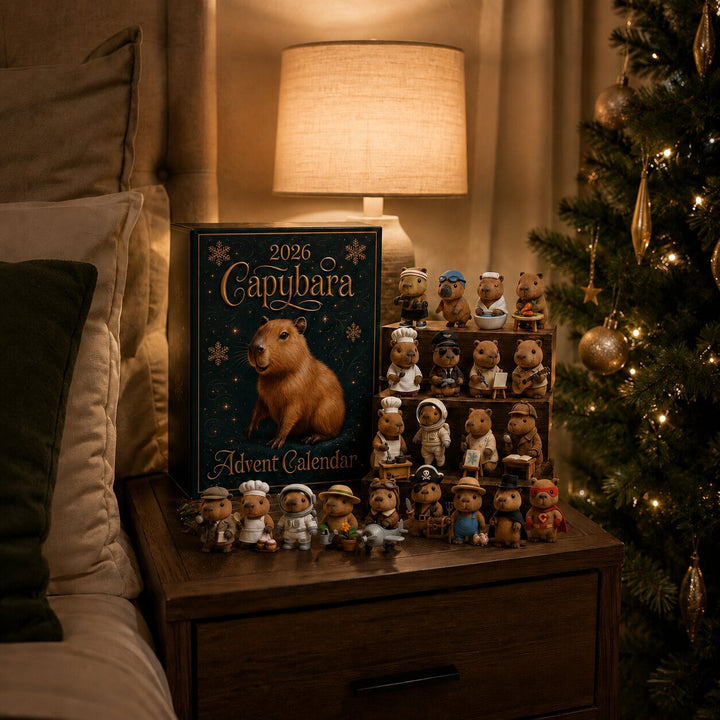 Gift box and costumed capybara figures arranged on a wooden nightstand beside a glowing lamp and a decorated Christmas tree. 5