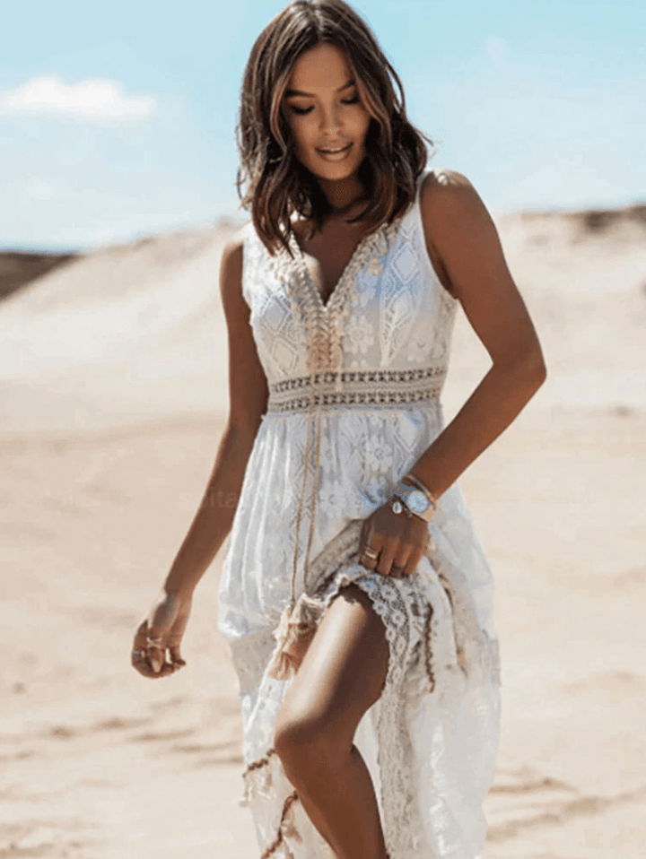 Casual Boho maxi dress with stylish details – Solange-White-S-Nora Luxe