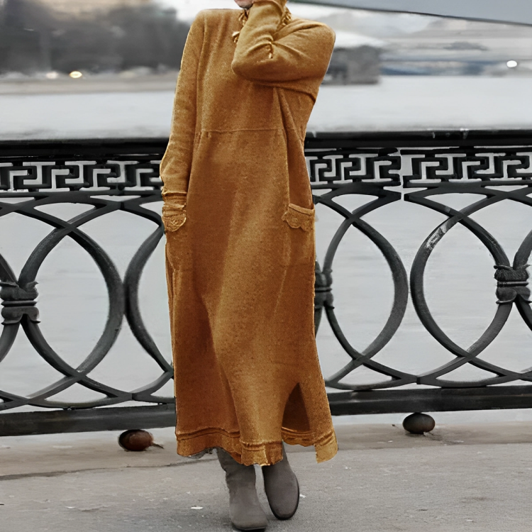 Casual Long Winter Dress - Noelle-Orange-S-Nora Luxe