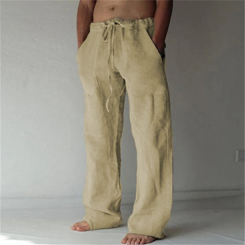 Casual men's linen trousers with a wide cut for summer – Elias-Khaki-S-Nora Luxe