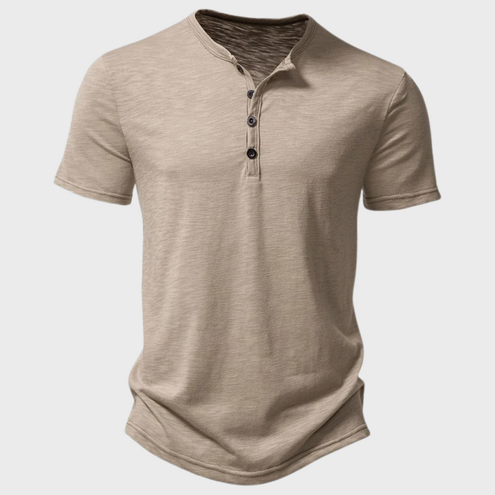 Casual Men's T-Shirt with Henley Collar - Cody-Khaki-S-Nora Luxe