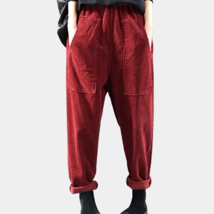Casual Ribbed Velvet Trousers for Women - Marlowe-Red-XS-Nora Luxe