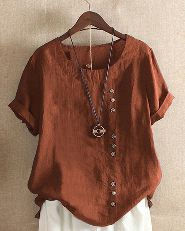 Casual Short Sleeve Blouse with Round Neck - Nora-Brown-S-Nora Luxe