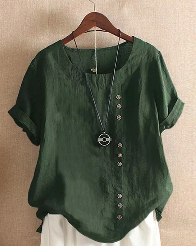 Casual Short Sleeve Blouse with Round Neck - Nora-Green-S-Nora Luxe