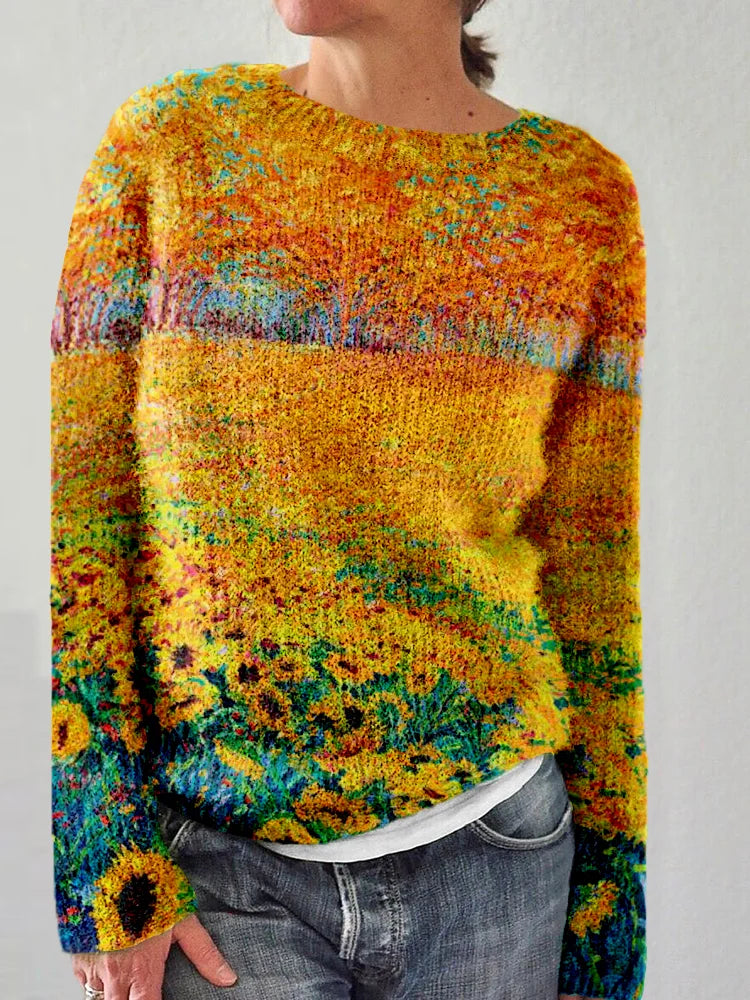 Casual Sweater with Sunflower Art - Norelle-S-Nora Luxe