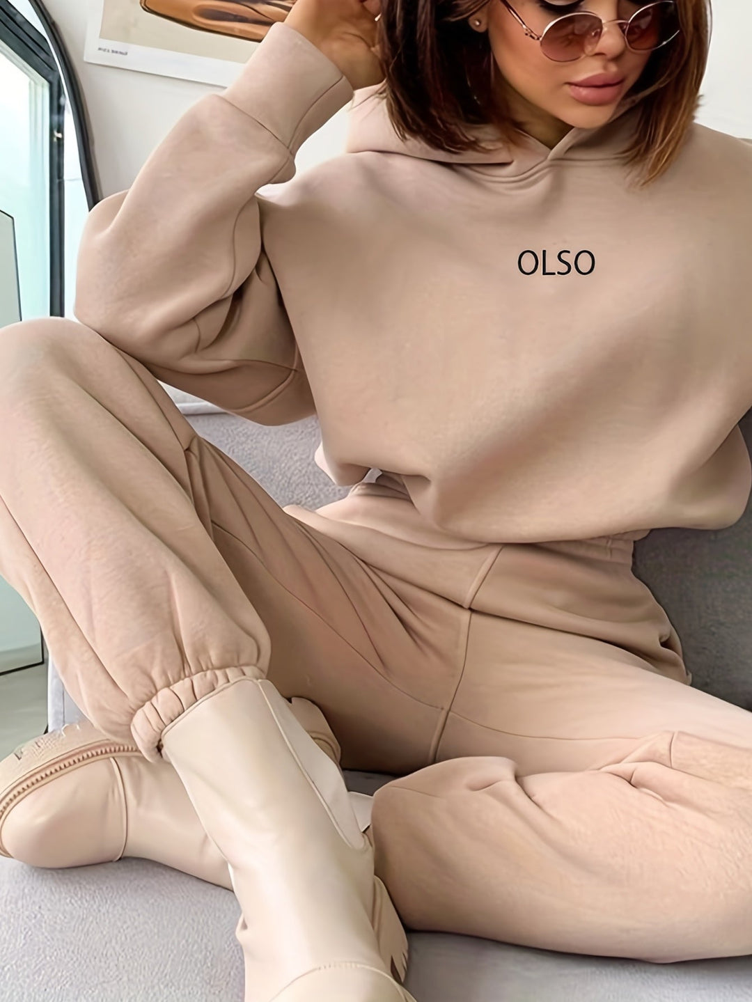 Casual Two-Piece Set with Stylish Letter Print - Elvira-Beige-S-Nora Luxe