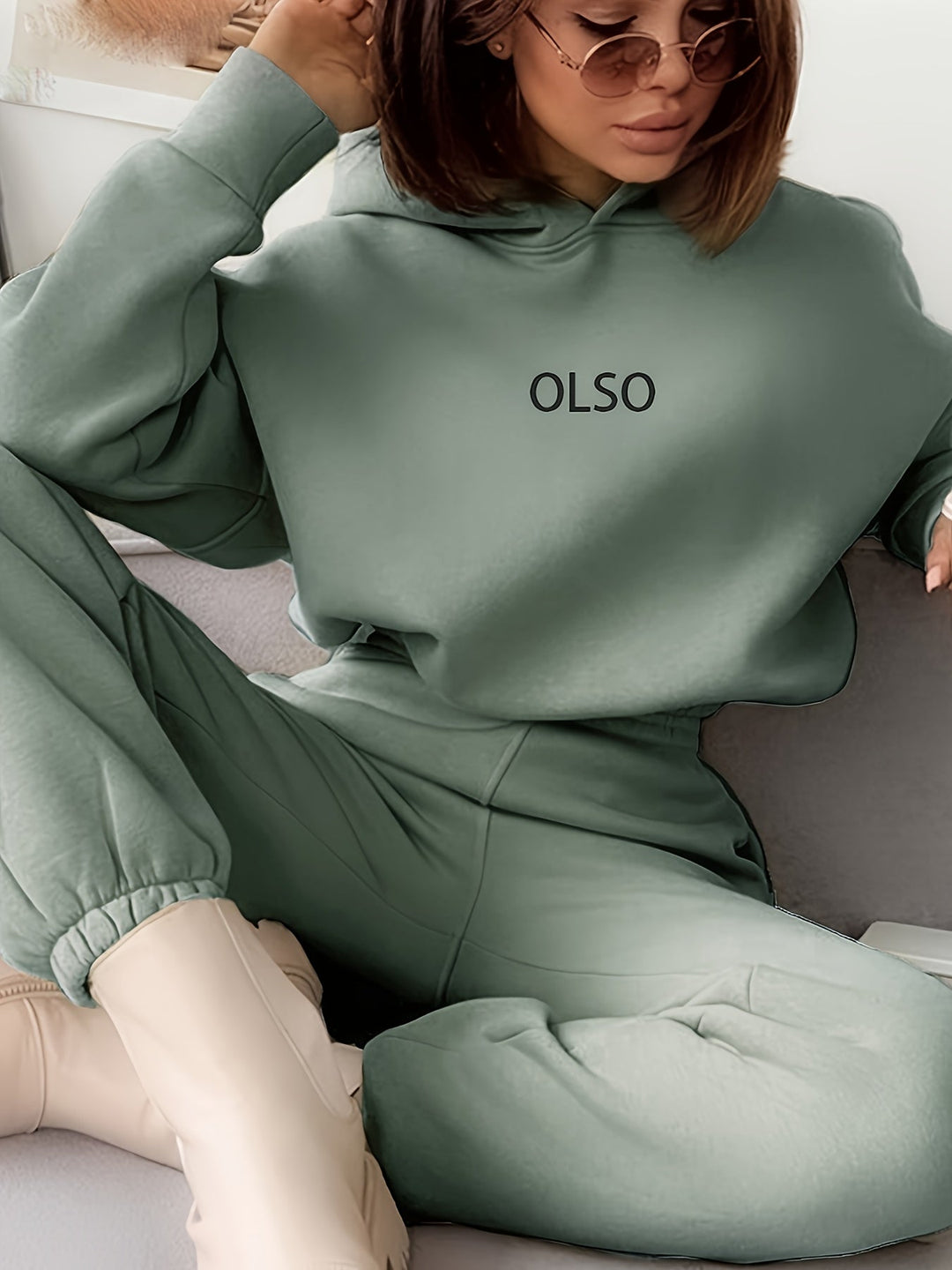 Casual Two-Piece Set with Stylish Letter Print - Elvira-Green-S-Nora Luxe