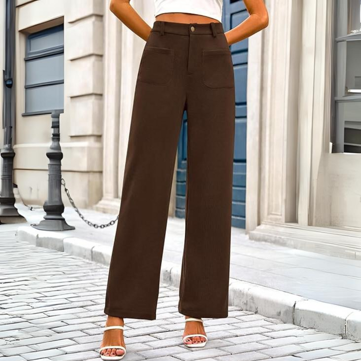 Casual Wide Palazzo Trousers with High Waist and Pockets - Clarissa-Khaki-XS-Nora Luxe