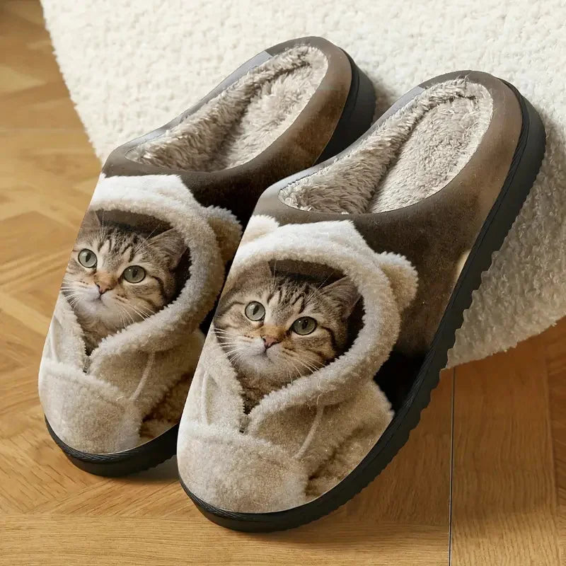 Pair of brown slippers on a wood floor, showing the cat-in-hooded-robe print, thick black sole and fluffy fleece interior. 4