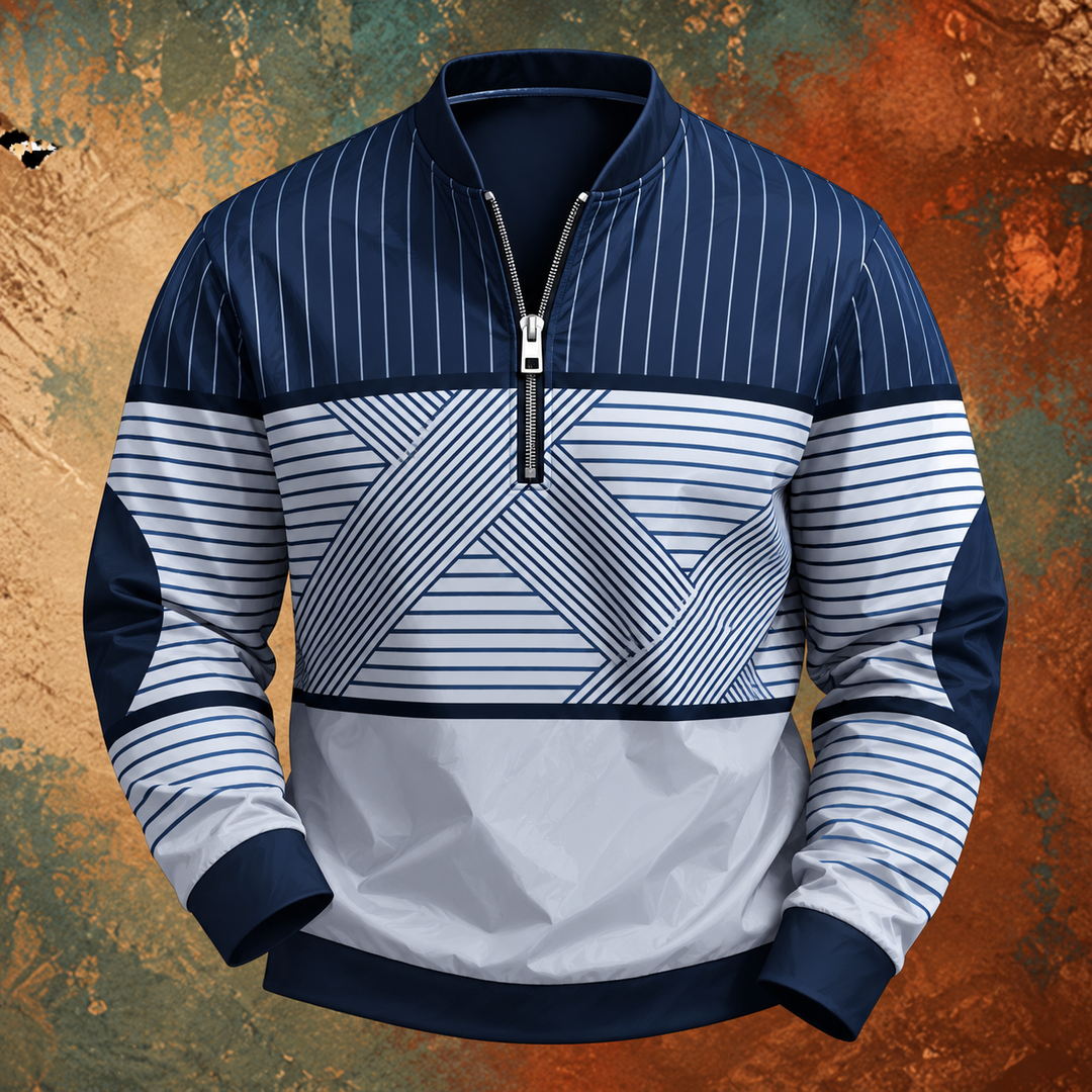 Navy and white striped half-zip pullover with geometric chest panel, shown flat on a rust-toned textured background 2