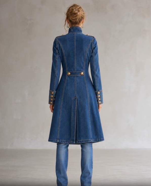 Back view of the blue denim coat showing the stand collar, seamed panels, back belt with two buttons and center vent. 5