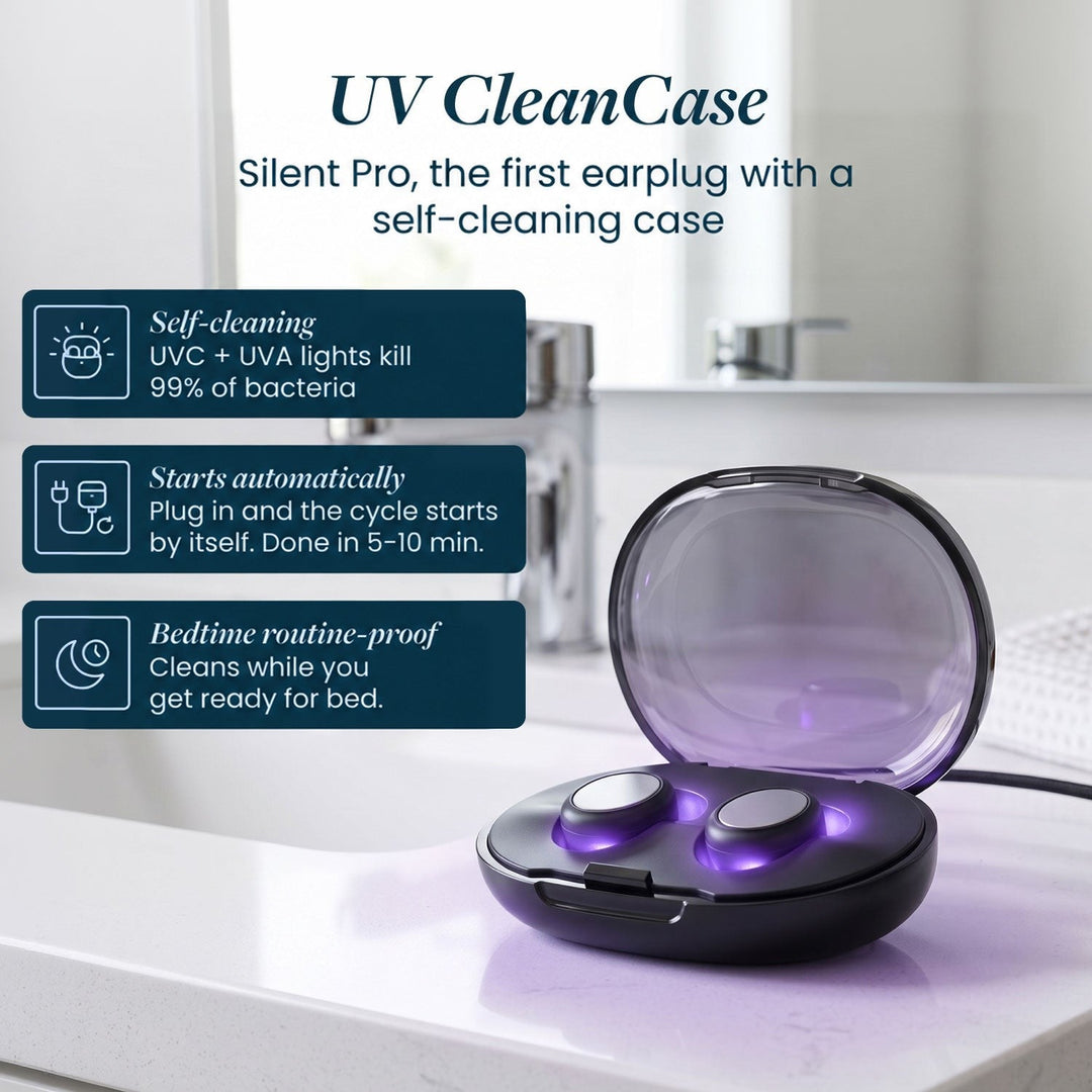 Open case glowing purple on a bathroom counter, holding both earplugs, with self-cleaning feature boxes 4