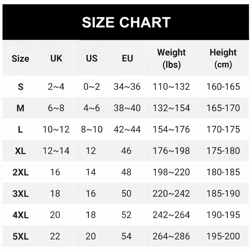 Size chart table listing sizes S to 5XL with UK, US and EU equivalents, weight and height 9