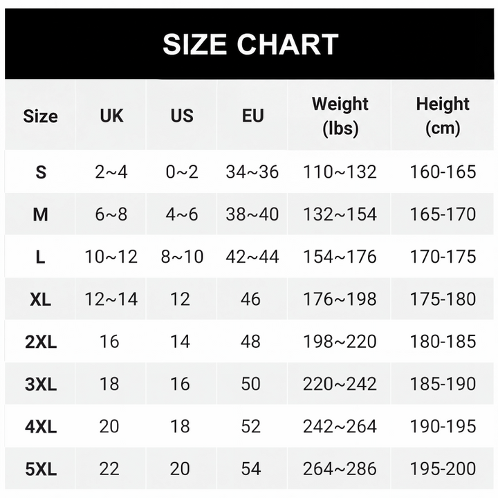 Size chart table listing sizes S to 5XL with UK, US and EU equivalents, weight and height 9