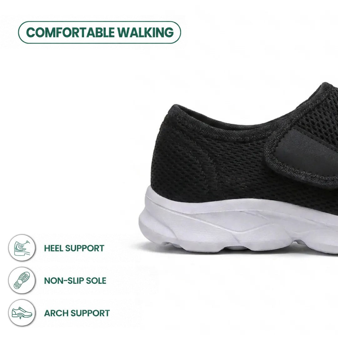 Close-up of the black mesh heel and white sole, with icons highlighting heel support, non-slip sole and arch support 22