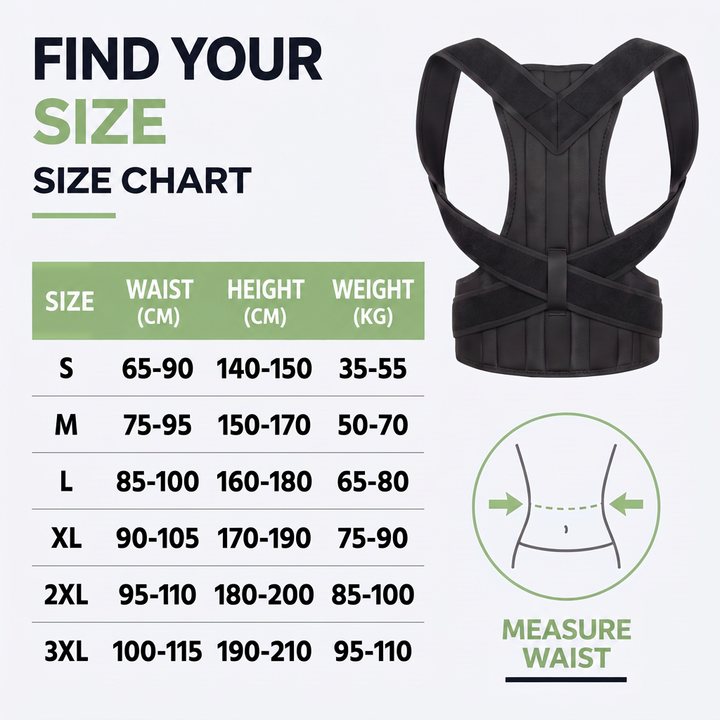 Size chart with waist, height and weight ranges beside the black brace and a waist-measuring diagram 5