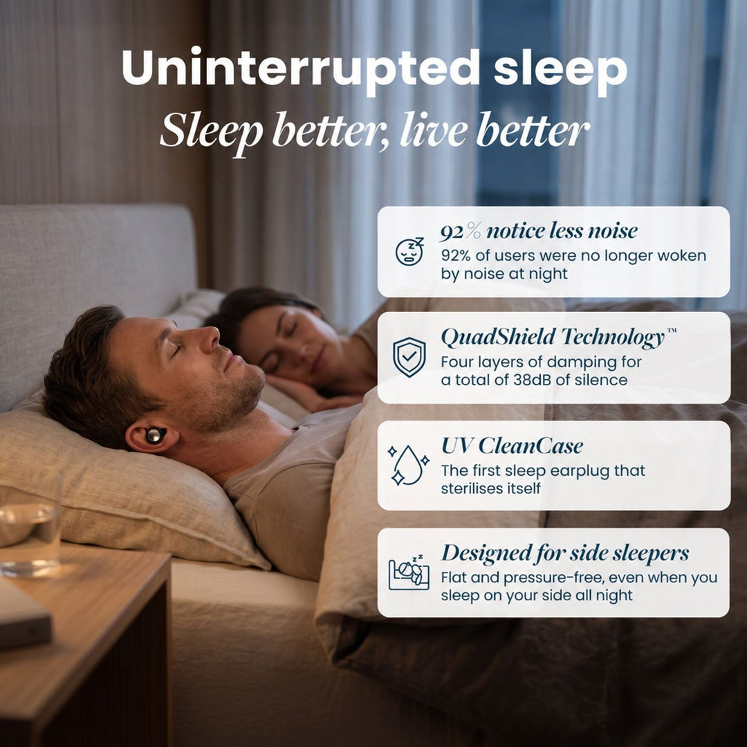 Couple sleeping in bed, the man wearing an earplug, with four benefit boxes beside them 2