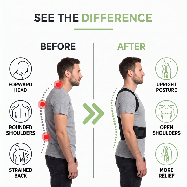 Before-and-after side view of a man with rounded posture, then upright wearing a black brace 3