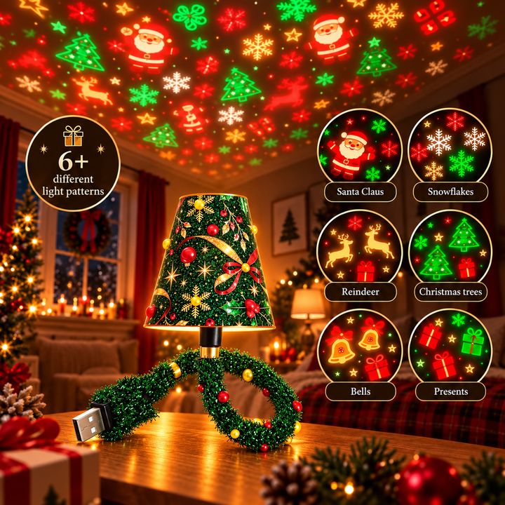 Lamp glowing on a table beneath a ceiling full of projected festive shapes, with six pattern circles 4