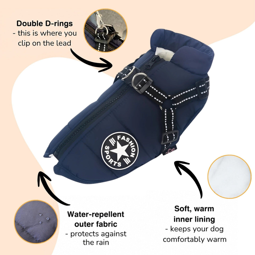 Navy coat with callouts pointing to the double D-rings, water-repellent outer fabric and soft inner lining 7