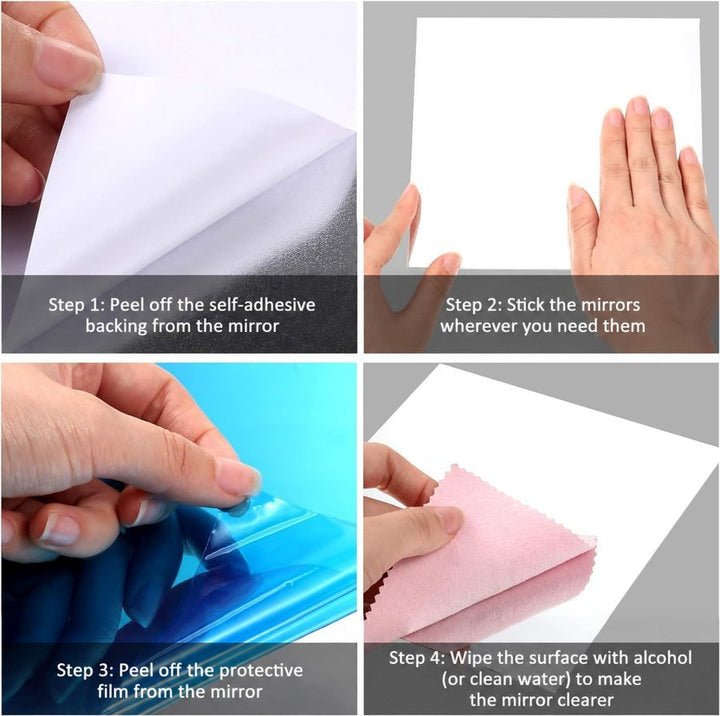 Four-step installation guide: peeling the adhesive backing, pressing it on, removing the blue protective film, wiping the 9
