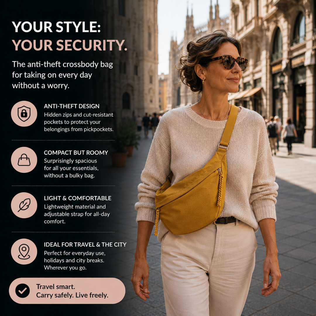 Woman in a cream sweater wearing the ochre bag crossbody on a city street, with feature icons 2