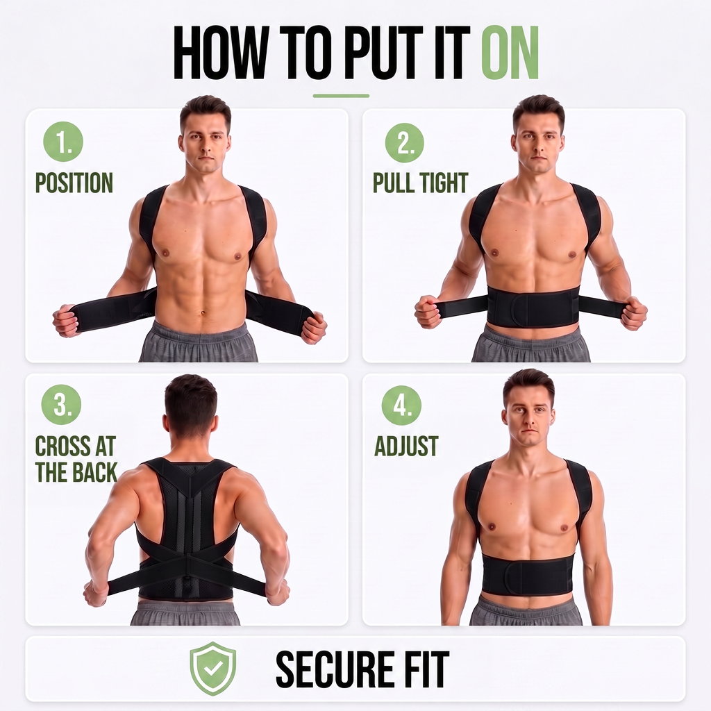 Four-step collage of a shirtless man putting on, tightening, crossing and adjusting the black brace 8