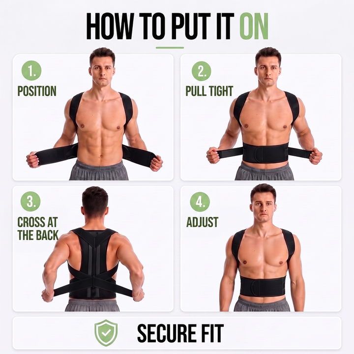 Four-step collage of a shirtless man putting on, tightening, crossing and adjusting the black brace 8