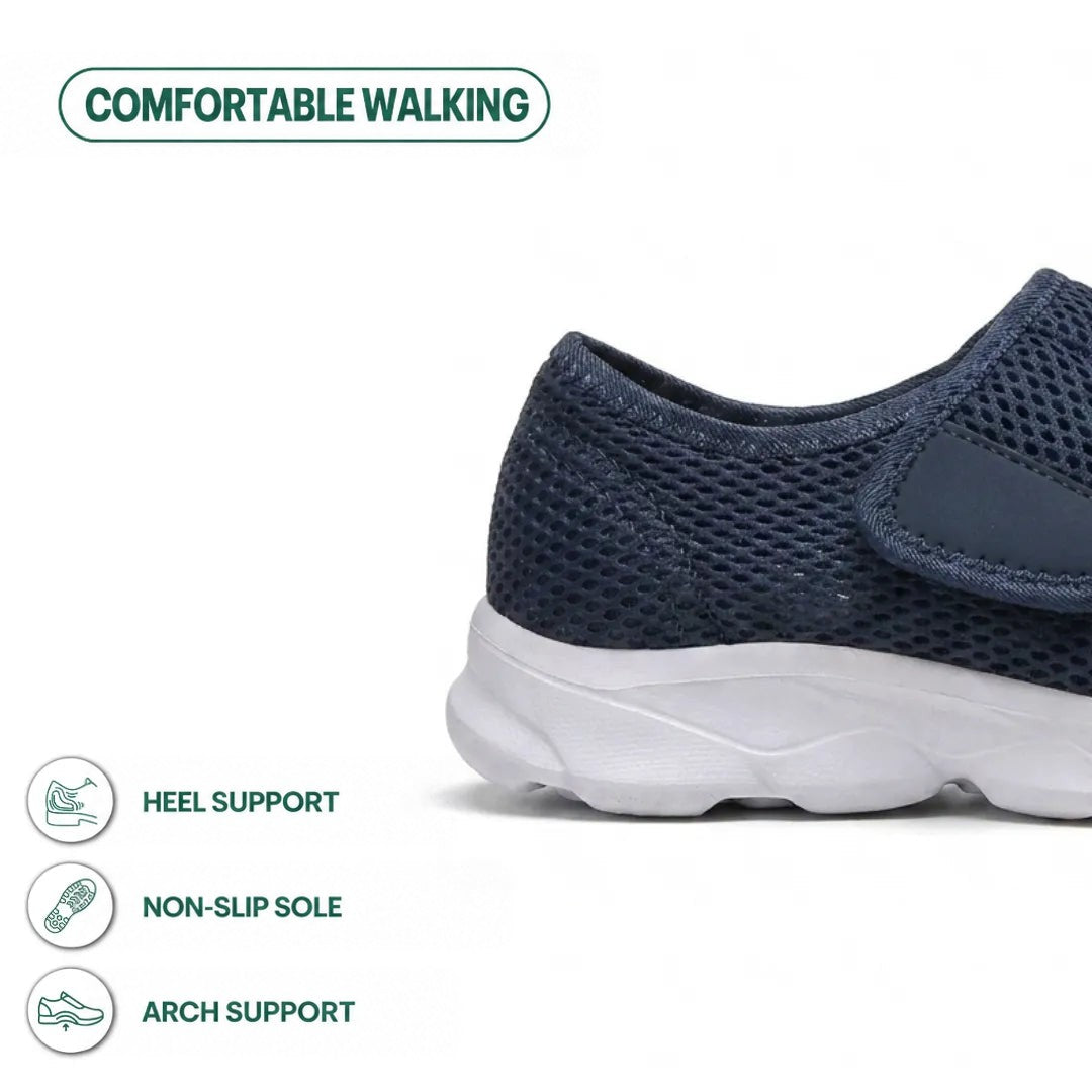 Close-up of the navy shoe's heel and white sole with icons about heel support, grip and arch support 4
