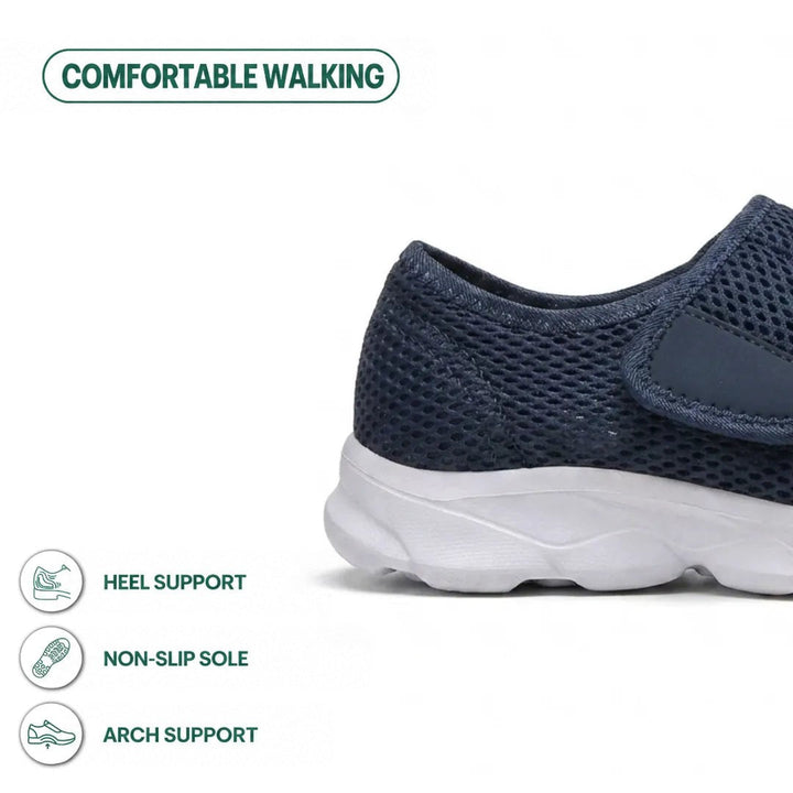 Close-up of the navy shoe's heel and white sole with icons about heel support, grip and arch support 4