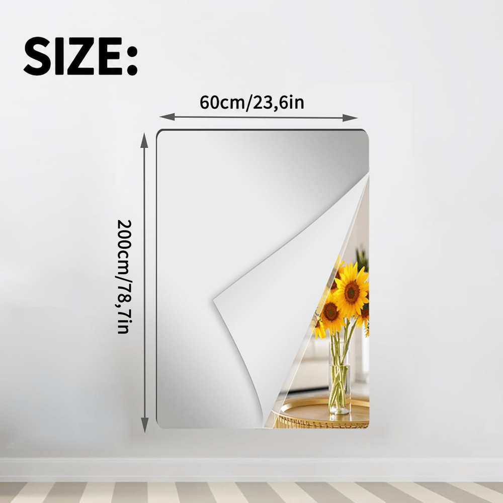 Wider, extra-tall rectangular mirror sheet with a peeled corner and dimension arrows on a white wall 15