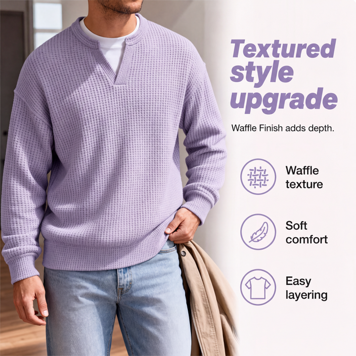 Close crop of the lavender waffle knit texture and V-notch neckline, worn by a model holding a tan jacket 3