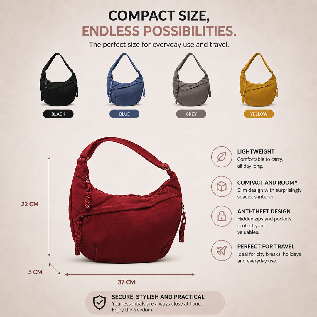 Infographic showing the bag's dimensions, four color options and a list of features 3