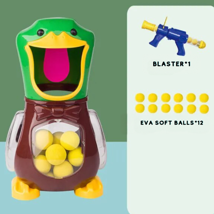 Duck target with a bow tie beside one launcher and twelve yellow foam balls, showing the set contents 6