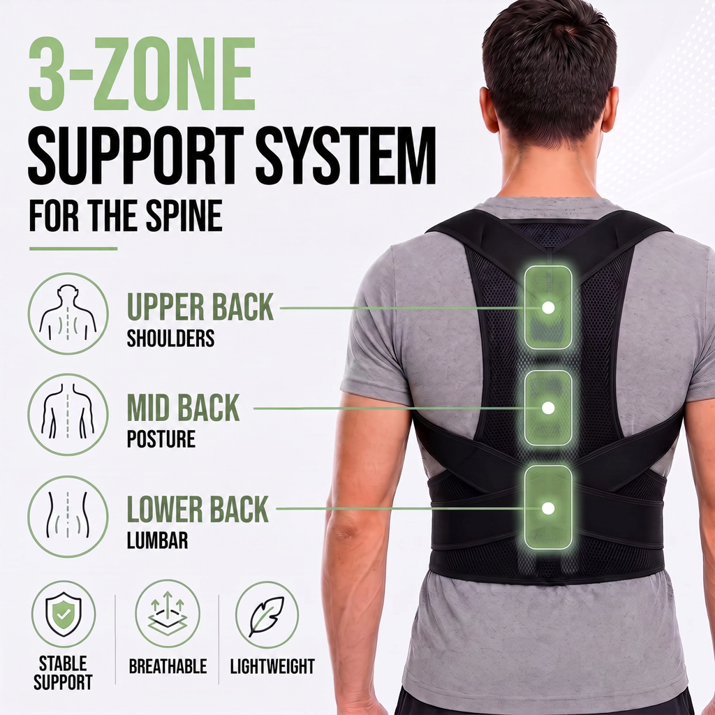 Man's back in a black brace with three highlighted support zones along the spine 6