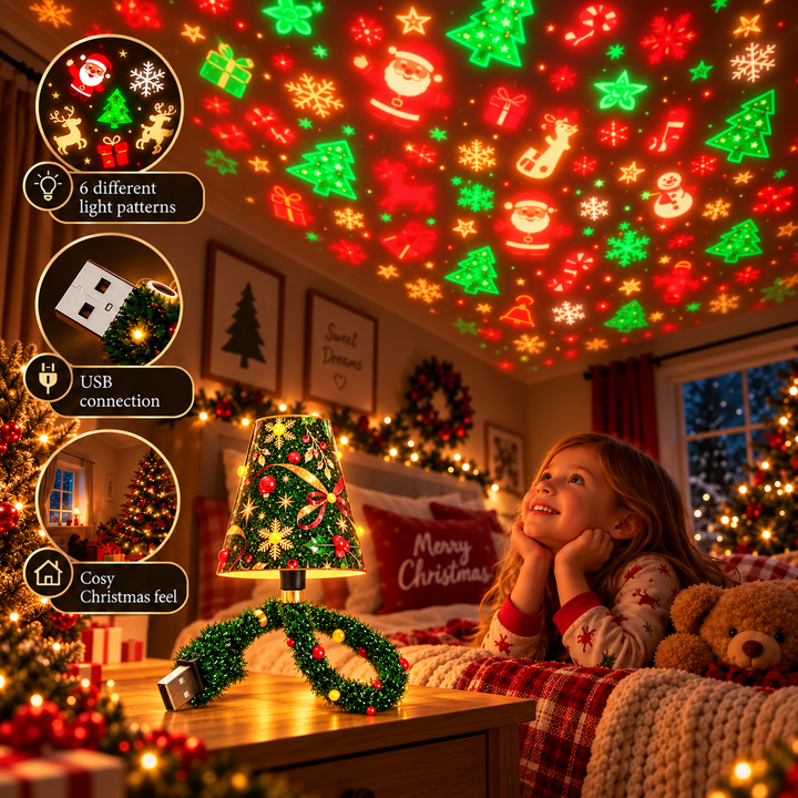 Smiling girl in pajamas lies on a bed gazing up at festive patterns projected by the lamp 8