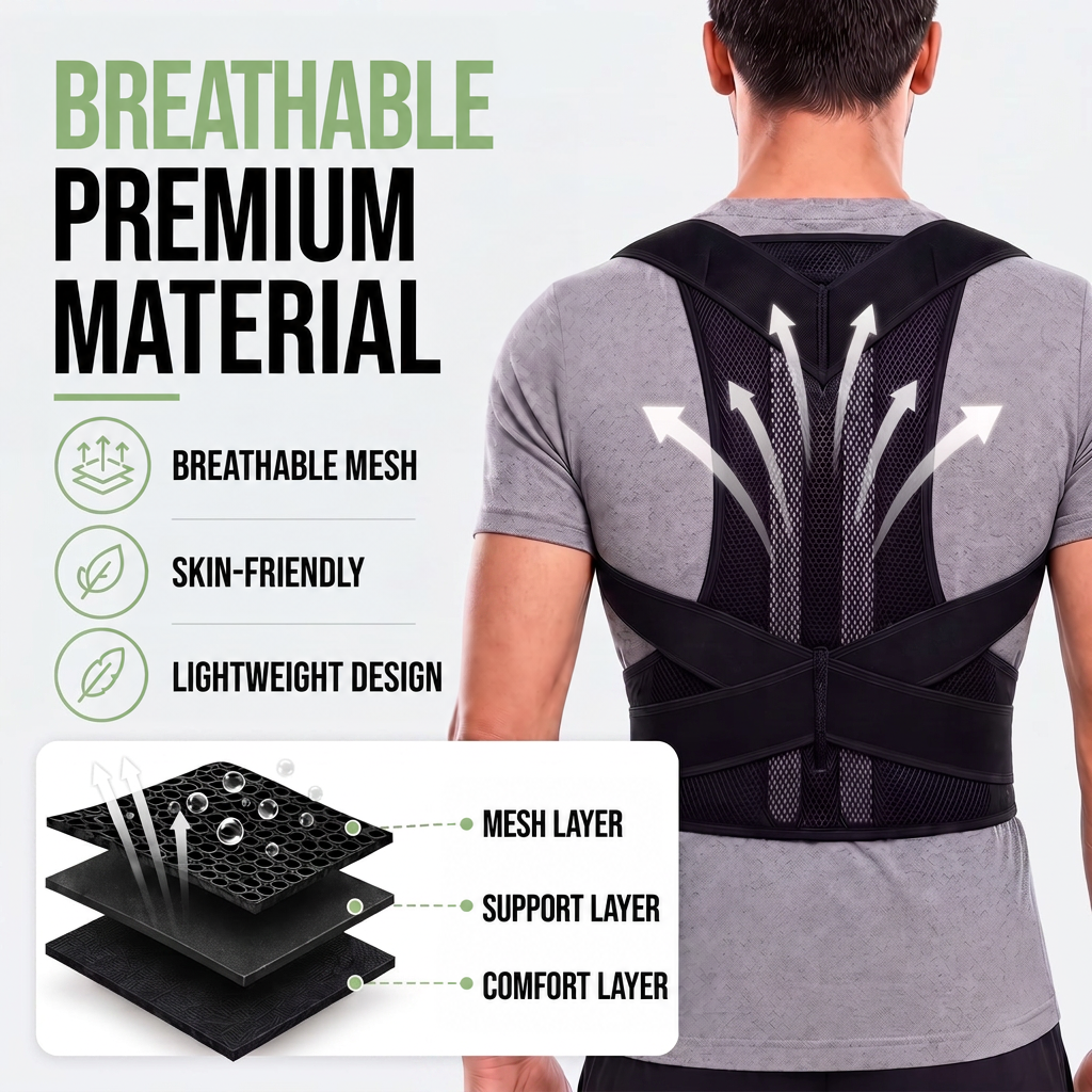 Man in a black mesh brace with airflow arrows and an exploded view of its three material layers 7