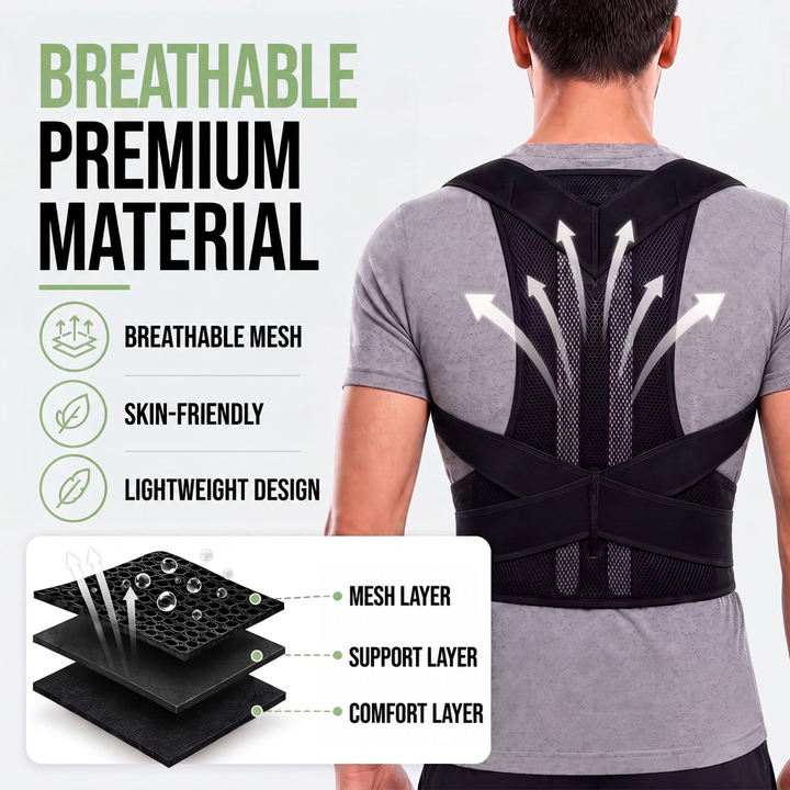 Man in a black mesh brace with airflow arrows and an exploded view of its three material layers 7