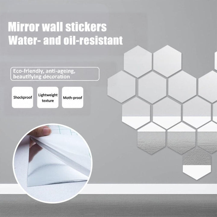 Silver hexagon mirror tiles on a gray wall, with an inset showing the adhesive backing being peeled 4