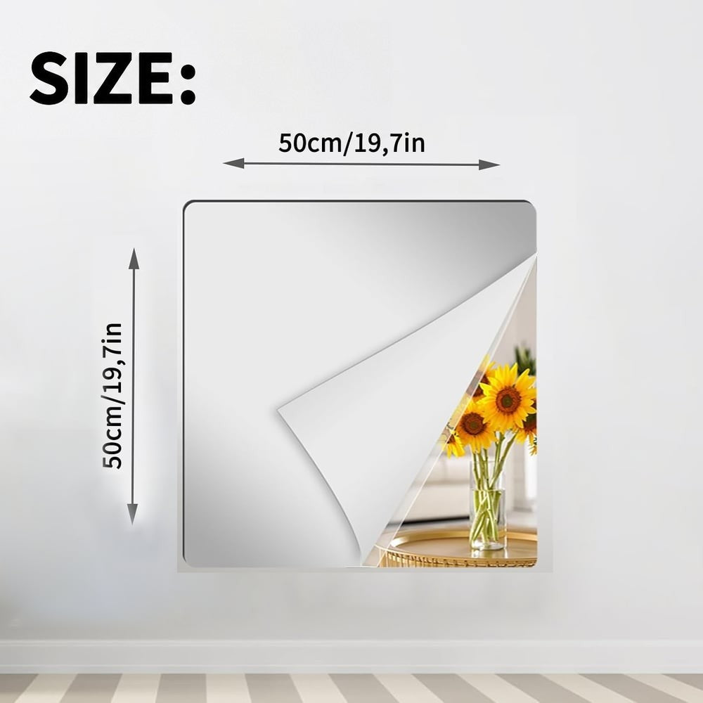 Square mirror sheet on a white wall with a corner peeled back, showing dimension arrows and sunflowers reflected 11