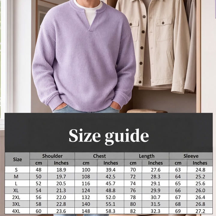 Model in the lavender top in front of a closet, with a size chart table below 8