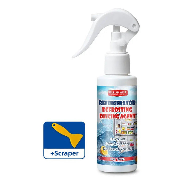 White spray bottle with blue ice-themed label on a plain background, with a yellow scraper icon 15